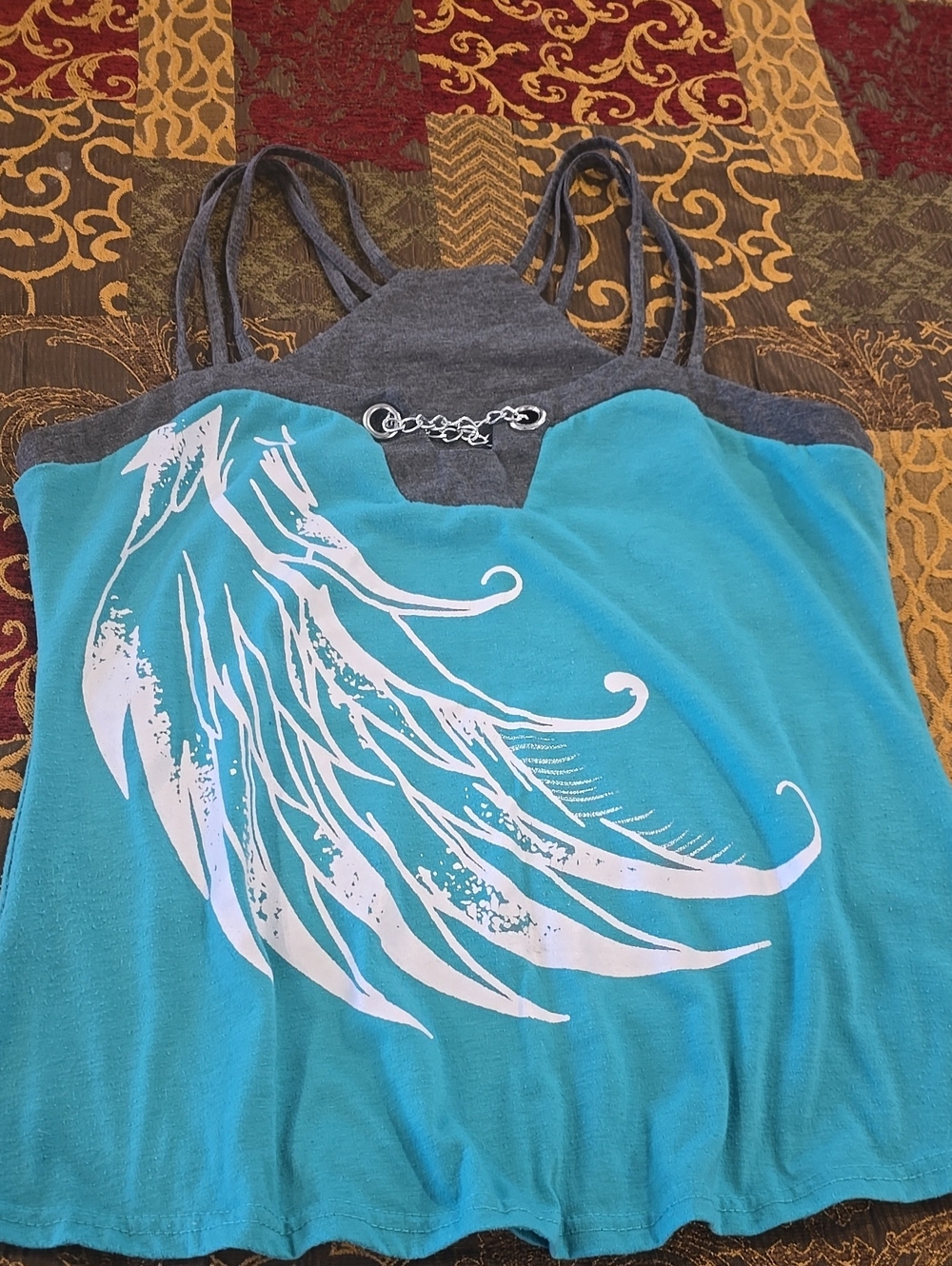 Gray-Trim Turquoise Double-Strap Camisole with White Wing Graphic